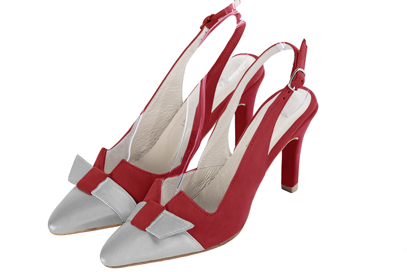 Light silver and scarlet red women's open back shoes, with a knot. Tapered toe. High slim heel. Front view - Florence KOOIJMAN